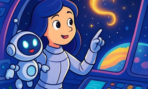 Dr. Luna, eine Frau mit langen, glänzenden Haaren, trägt einen eleganten, futuristischen silbernen Raumanzug. Ihr Gesicht drückt große Neugier und ein leichtes Lächeln aus, während sie ein mysteriöses Leuchten im Weltraum beobachtet. An ihrer Seite schwebt Pico, ein kleiner freundlicher Roboter mit leuchtenden Augen und einem runden Körper, fröhlich und bereit, ihr bei ihrem Abenteuer zu helfen. Die Szene spielt im Cockpit einer großen Raumstation, mit Panoramafenstern, die einen spektakulären Blick auf funkelnde Sterne und einen bunten Planeten darunter bieten. Blinken Bildschirme und bunte Knöpfe umgeben Dr. Luna und verleihen der Umgebung eine technologische Atmosphäre. In dieser Hauptsituation entdecken Dr. Luna und Pico einen faszinierenden Tanz von Lichtern in der Dunkelheit des Weltraums, gefesselt von diesem mysteriösen Phänomen, das sie zum Abenteuer ruft.