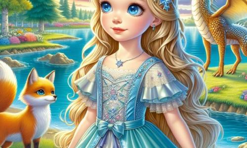 Prinzessin Elara, ein etwa 12-jähriges Mädchen, steht am Ufer eines klaren Sees, ihre langen goldenen Haare wehen sanft im Wind. Sie trägt ein leichtes, blaues Satin-Kleid mit funkelnden Sternenmustern, und ihr Gesicht zeigt Neugier und Staunen. An ihrer Seite ist ihr treuer Begleiter Lumin, ein magischer Fuchs mit goldenem Fell, der aufmerksam das Wasser beobachtet, seine Augen funkeln vor Schalk. Im Hintergrund steht Sirion, ein majestätischer Drache mit glänzenden Schuppen, der die Szene wohlwollend betrachtet. Er hat weise Augen und eine schützende Haltung, bereit, Elara auf ihrem Abenteuer zu leiten. Die Umgebung ist bezaubernd, mit schimmernden Blättern und bunten Blumen am Seeufer, während der Himmel strahlend blau und mit fluffigen Wolken übersät ist. Die Hauptsituation zeigt Elara, bereit, sich der Herausforderung des Drachen zu stellen, entschlossen, ihren Mut zu beweisen und das Geheimnis ihres Schicksals zu entdecken, während das Sonnenlicht auf dem Wasser reflektiert und eine magische, inspirierende Atmosphäre schafft.