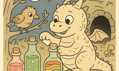 Ein kleiner, pummeliger Drache namens Fips, lächelnd und verschmitzt mit großen runden Augen, weichen Schuppen und kurzen Flügeln, hockt vor einer großen geöffneten Kiste und klebt Etiketten auf verschiedene Fläschchen — ein glitzerndes rosa, ein grünes mit Blasen und ein regenbogenfarbenes mit welligen Mustern — die vor ihm auf dem Boden stehen; ein winziger, neugieriger Waldvogel mit struppigem Gefieder schaut von einem niedrigen Ast zu seiner linken über Fips’ Schulter; im Hintergrund eine runde, einladende Höhleneingang mit sanften Steinen, Laubteppich, Pilzen und Blumen; am Boden liegen verstreute Etiketten, eine Kreide und ein Pinsel; es ist Dämmerung mit einem sternübersäten Himmel und großem runden Mond hinter den Bäumen; Fips etikettiert fröhlich die magischen Fläschchen, die alle harmlos und amüsant wirken, in einer warmen, humorvollen Fantasy‑Atmosphäre.