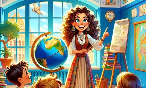 Juf Emma, een blije vrouw met lange krullende haren en een stralende glimlach, staat voor een zwart bord, omringd door kleurrijke boeken en kindertekeningen. Ze toont een grote globe, haar gezicht straalt enthousiasme en passie voor leren uit. Timmy, een 8-jarig jongetje met scheve bril en messy kastanjebruin haar, steekt nieuwsgierig zijn hand op, zittend op een houten stoel, terwijl Lisa, een 7-jarig meisje met vlechten en een bloemenjurk, aandachtig luistert met glinsterende ogen van verwondering. De ruimte is een heldere en kleurrijke klaslokaal, met muren versierd met kindertekeningen, een groot raam dat zonlicht binnenlaat en een wereldkaart aan de muur vol levendige kleuren. De hoofdscène toont Juf Emma die enthousiast uitlegt over de reis die ze naar Egypte gaan maken, terwijl de kinderen, geboeid, zich al de avonturen voorstellen die hen te wachten staan.