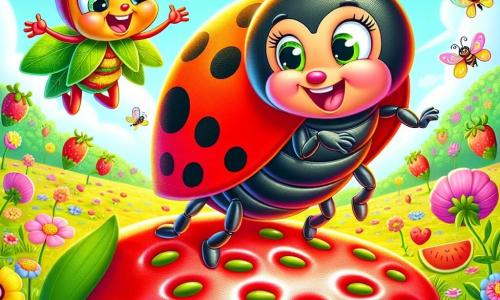 Una mariquita alegre, llamada Lila, con un caparazón rojo brillante salpicado de manchas negras, vuela en el aire con una gran sonrisa y sus ojos brillan de felicidad. A su lado, una pequeña hormiga llamada Ana, con antenas moviéndose y un vestido de hojas, se prepara para saltar sobre una gran fresa, riendo de emoción. Al fondo, un campo colorido lleno de flores brillantes y frutas jugosas, con un gran melón rodando alegremente sobre la hierba verde. La escena muestra a Lila y sus amigos en una carrera de obstáculos, rodeados de risas y alegría, mientras se divierten juntos en un festival primaveral lleno de colores y buen humor.