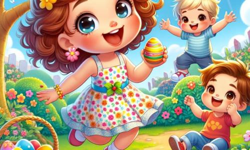 Una bambina di 2 anni, di nome Anna, con grandi occhi brillanti e capelli ricci castani, sta saltando di gioia in un giardino soleggiato, con un grande sorriso sul volto. Indossa un vestito colorato con motivi floreali e tiene un cestino di vimini pieno di uova di Pasqua colorate. Accanto a lei, il suo amico Luca, un ragazzo di 3 anni con capelli biondi e una maglietta blu, è accovacciato vicino a un albero, tenendo un uovo giallo appena trovato, con un'aria orgogliosa ed eccitata. Poco lontano, Mia, una bambina di 2 anni con capelli castani e un vestito rosa, alza le braccia in alto, mostrando un uovo rosso che ha scoperto, il suo volto radioso di felicità. Il giardino è pieno di fiori multicolori, arbusti verdi e un grande albero con fogliame denso, sotto un cielo blu chiaro con alcune nuvole bianche. Al centro dell'immagine, Anna, Luca e Mia sono circondati da uova di Pasqua colorate nascoste nell'erba, mentre un piccolo cartello di legno indica "È l'ora della caccia alle uova!" La scena trasmette un'atmosfera gioiosa e festosa, piena di risate e scoperte.