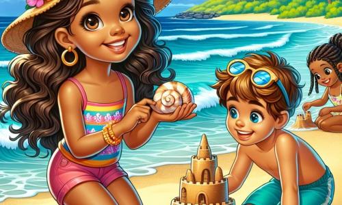 A 10-year-old girl with long brown hair and sparkling curious eyes stands on a golden sandy beach, a big smile lighting up her face. She wears a colorful swimsuit and a straw hat, holding a beautiful spiral-shaped shell in her hand. Next to her, a 9-year-old boy with blonde hair and sunglasses is building a sandcastle, focused and happy. Another child, an 8-year-old girl with braids and a floral top, helps by decorating the castle with seashells. The setting is an idyllic Hawaiian beach, with palm trees swaying gently in the breeze, turquoise waves lapping at the shore, and a bright blue sky dotted with fluffy white clouds. The main scene shows the girl discovering the beauty of the beach and making new friends while enjoying the fun of building a magnificent sandcastle, a symbol of friendship and adventure.