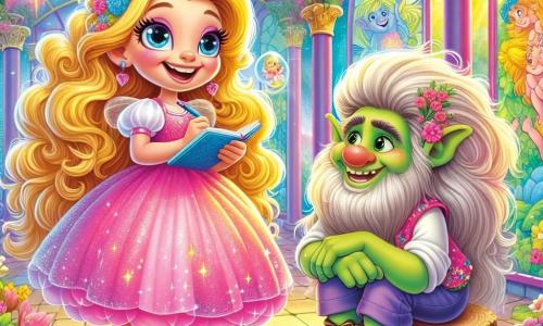 Eine fröhliche Prinzessin namens Lila mit langen, lockigen, goldenen Haaren trägt ein glitzerndes rosa Kleid und glitzernde Schuhe. Sie hat ein strahlendes Lächeln und funkelnde Augen vor Aufregung, während sie in einer Hand ein Notizbuch und in der anderen ein magisches Kissen hält. Neben ihr steht Trolldolf, ein freundlicher Troll von etwa 30 Jahren mit grüner Haut und sanften Augen, der eine große Schürze mit Blumen trägt. Er hockt sich mit einer riesigen Gießkanne und schaut Lila bewundernd an. Der Hintergrund ist ein verzauberter Pavillon mit buntem Glas, erleuchtet von Sonnenstrahlen, die Regenbögen in der Luft erzeugen. Bunte Blumen und Seifenblasen schweben umher und verleihen der Atmosphäre einen Hauch von Magie. Die Hauptsituation zeigt Lila, die eine Karte der verzauberten Düfte zeichnet, umgeben von kleinen, lachenden Feen, die um sie herumfliegen, während ein süßer Duft von Vanille und Karamell in der Luft liegt.