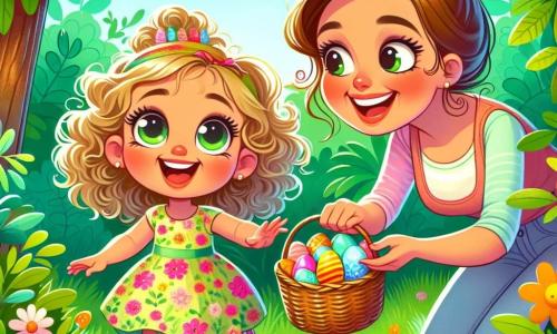 Ein 4-jähriges Mädchen namens Lilli mit großen, strahlenden Augen und lockigem, blondem Haar springt vor Freude in einem sonnigen Garten, ihr Gesicht leuchtet vor Aufregung. Sie trägt ein farbenfrohes Kleid mit Blumenmustern und hält einen Korb voller bunter Ostereier. Neben ihr steht ihre lächelnde Mutter, eine etwa 30-jährige Frau mit braunem, hochgestecktem Haar, die ein pastellfarbenes T-Shirt und Jeans trägt. Sie schaut Lilli liebevoll an und hält einen weiteren Korb mit Eiern. Der Garten ist grün und mit leuchtenden Blumen und einem großen, üppigen Baum geschmückt, unter dem Ostereier versteckt sind. Bunte Schmetterlinge fliegen umher und verleihen der Szene einen magischen Touch. Lilli entdeckt mit staunendem Gesichtsausdruck die unter den Blättern versteckten Eier, während ihre Mutter sie mit einem warmen Lächeln ermutigt.