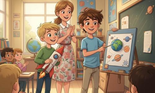 Max, een stralende zelfverzekerde jongen van 8 jaar met warrig bruin haar en hazelnootkleurige ogen, draagt een hemelsblauw t-shirt en beige broek en houdt een kleurrijk schoolbord vast terwijl hij met zijn vinger naar een tekening van een planeet wijst met een kleine Aarde-model eraan vastgemaakt; links staat Sam, ook ongeveer 8, glimlachend en vertrouwelijk, met kort blond haar en een groen sweater, licht naar Max toegekeerd terwijl hij een rood-witte kartonnen raket vasthoudt; juf Lisa, rond de 30–40 jaar met lichtbruin haar in een paardenstaart en een fleurige jurk, staat achter de jongens bij het bord en klapt, in een lichte klas met bleege gele muren, grote ramen, boeken- en kleurkrijtjesrekken, planetenposters en een groot globe op een tafel; op de achtergrond zitten vage klasgenoten aan tafels en klappen, sfeer vrolijk en warm terwijl de jongens hun project over de ruimte presenteren.