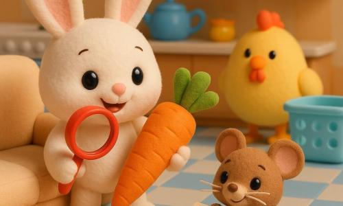 Pipoca, um coelhinho de pelúcia branco de orelhas rosas, segura uma lupa vermelha e uma grande cenoura laranja crocante, olhar vivo e sorriso; Ratinho, um camundongo castanho de olhos pretos e bigodes com farinha, sorri timidamente e oferece um bilhete dobrado perto do sofá; Dona Galinha, uma galinha redonda amarela de bico laranja, está ao lado de um cesto de roupa ao fundo, curiosa mas calma; cena numa cozinha acolhedora de cores vivas com chão azulejado azul e branco, tapete colorido e sofá baixo bege; ação principal: Pipoca descobre e puxa a cenoura presa debaixo do sofá enquanto Ratinho mostra o bilhete, atmosfera suave, luz quente e texturas pelúcia.