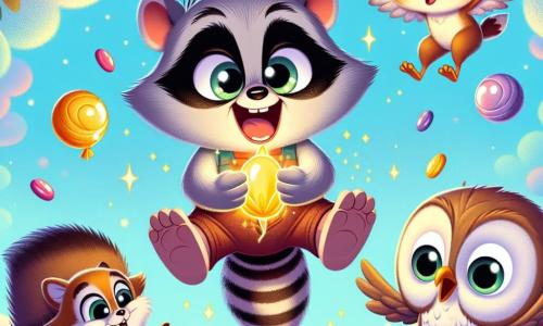 Ralph, a little raccoon with sparkling eyes and striped gray fur, is happily floating in the air with a wide smile on his face, holding a shiny, bright banana in his paws. Next to him, Sally, a mischievous squirrel with brown fur and a bushy tail, looks up with wide eyes and her mouth open in awe, while Oliver, a wise owl with white feathers and round glasses, glides slightly below, looking puzzled yet amused with his wings spread. The scene takes place in the colorful sky of Whiskerville, where trees with multicolored leaves dance in the wind and candy-shaped clouds float around them, creating a magical and playful atmosphere. Ralph, floating and laughing, discovers the surprising effects of the magic banana while his friends watch, amazed by this wacky and absurd adventure.