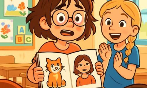 A 10-year-old girl, Sophie, stands at the center of the stage with messy brown hair and round glasses. She has an expressive face, with rosy cheeks and bright eyes, showing a mix of nervousness and excitement. She holds a large open sketchbook in front of her, displaying her colorful drawings of her cat and her teacher. Next to her, her best friend Emily, also 10 years old, has braided blonde hair and an encouraging smile. She enthusiastically claps, standing slightly back to support Sophie. The setting is a bright classroom, with walls decorated with children's drawings and windows letting in sunlight. Colorful posters of letters and numbers adorn the walls, and wooden desks are arranged in rows. The main situation shows Sophie, a bit hesitant but determined, ready to share her drawings with the class, while her classmates listen with curiosity and kindness.