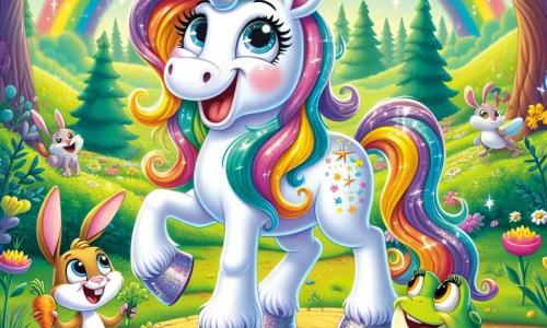 In the center of the image, a beautiful unicorn named Sparkle, with a sparkling rainbow mane and a shiny white body, is joyfully laughing. Her eyes shine with excitement and her bright smile shows she is full of life. She stands on her front legs, ready to tell a joke to her friends. To her right, Benny the Bunny, a small rabbit with big ears and light brown fur, hops cheerfully. He has a mischievous look on his face, holding a carrot in his front paws, ready to make the crowd laugh. On the left, Tilly the Toad, a green frog with yellow spots, is perched on a lily pad. She is smiling widely, her eyes sparkling with mischief, waiting for her turn to tell a joke. The setting is an enchanted clearing in Gigglewood, with colorful tree trunks gently swaying in the wind, brightly colored flowers that seem to smile, and a sparkling pond where bubbles of laughter float on the surface. The main scene shows Sparkle, surrounded by her friends, telling a joke while the other animals laugh heartily, creating a joyful and magical atmosphere.