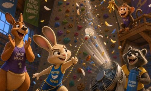 Basil, an anthropomorphic rabbit with long floppy ears and cream fur, looks focused and mischievous as he stands on a blue gym mat ready to pull a rope with a feathered badminton shuttlecock attached; Coach Marla, a muscular copper-brown kangaroo with a visible pouch and a silver whistle, applauds in surprise to the left; Jax, a playful dark-gray raccoon, laughs in the right background holding a large water bottle; Trixie, a small lively monkey on a platform, holds a crumpled banana peel and reacts with a delighted exclamation; a very tall climbing wall with colorful holds (rock shapes and some cookies), a small “TAP HERE” sticker and a metal bell at the top fills the scene; warm indoor lighting, wooden plank floor and motivational posters overhead; the instant Basil activates his “flutter-tapper” as a large fan blows upward, creating visible feather motion, suspended rope confetti, and a joyful, bright, vivid-color smooth 3D animation look.