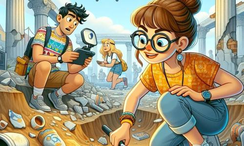 A female archaeologist, Dr. Lucy Bennett, in her thirties with brown hair in a bun and glasses, is crouched in an excavation, her face lit up with excitement and focus. She wears a beige shirt and cargo pants, holding a trowel as she carefully uncovers pieces of ancient pottery. Next to her, a 20-year-old boy, Amir, with messy black hair and a colorful t-shirt, operates a drone above them, curiously observing the site. Further away, a 25-year-old woman, Maria, with blonde hair and a magnifying glass, examines fragments of mosaic, her expression delighted. The location is an ancient Roman market, featuring gray stone ruins, collapsed columns, and scattered colorful mosaic shards on the ground. The main scene shows Lucy and her team discovering buried treasures, surrounded by dust and golden light, with a palpable sense of adventure and mystery in the air.