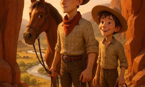 Main character — 16-year-old boy, Cal Mercer, determined relieved expression, angular dusty face, worn cowboy hat, beige plaid shirt, red bandana, leather boots, holding reins of a chestnut horse and looking down at the valley, upright confident posture; Secondary character — ~15-year-old Milo Crane, mischievous smile, tousled hair under a straw hat, mud-stained shirt and boots, standing slightly behind Cal to his right, holding a metal biscuit tin and a horse lead, lightly dust-covered; Location — Split Rock Pass, two large red monoliths framing a narrow rocky trail, wind lifting dust ribbons, below a silver Coyote Creek lined with green willows and yellow meadows, small fences and distant ranch silhouettes; Main situation — the boys atop a ridge watch men from two ranches working side by side by the creek in a palpable mood of reconciliation, golden evening light, long shadows, wide composition contrasting red rock and shining water.