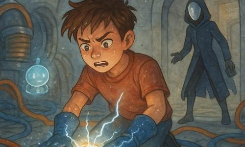 Jace, a determined, breathless boy with tousled brown hair, kneels with storm-blue gloves stitched in silver emitting an electric glow as he presses his palms to a junction of glowing cables, forming a ring of energy to stabilize a white-blue solar core; Mirrorbyte, a masked slim girl in a dark coat, steps back toward a door, nervous but proud, clutching a small black device; a pale-cyan round holographic assistant (PIP) hovers by Jace’s wrist displaying code and a blinking signal; they are in the HelioVault, a vast underground circular chamber of smooth concrete, giant metal coils, glowing magnetic rings, and thick orange-and-blue cables leading to a central magnetic cage, while Jace redirects a dangerous light surge—sparks and light smoke, stark contrasts between the core’s glow and shadowed machines—creating a heroic, urgent atmosphere.