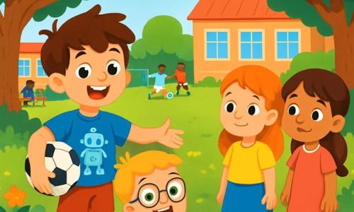 There are 2 main characters: Alex, a 7-year-old boy with messy brown hair, wearing a blue t-shirt with a robot design and red shorts. He is standing, smiling, with a soccer ball under his arm. Sam, also a 7-year-old boy with blonde hair and round glasses, is dressed in a green t-shirt and beige pants. He is sitting on the grass, holding a book about explorers, with an enthusiastic look. The setting is a sunny schoolyard surrounded by tall green trees and colorful play equipment. Children are playing soccer on a grassy field while others sit on wooden benches. Colorful flowers line the path, adding a cheerful touch to the environment. The main scene shows Alex and Sam inviting girls to join their soccer game. Alex, with a big smile, reaches out to a group of girls who are watching curiously, while Sam, sitting on the grass, enthusiastically encourages them. The atmosphere is joyful and energetic, illustrating the importance of inclusion and equality.
