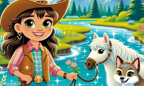 O fată cowboy pe nume Mia, o tânără de aproximativ 10 ani cu părul lung și brunet și un zâmbet mare, poartă o pălărie mare de cowboy și o cămașă în carouri. Ea stă pe marginea unui pârâu strălucitor, cu ochii plini de entuziasm, ținând de mână calul ei, Stea, un cal alb magnific cu o coamă ondulată. Lângă ei, Cody, un coyote prietenos cu ochi sclipitori, îi privește cu curiozitate, cu coada tremurând de entuziasm. Peisajul este o pajiște verde, presărată cu flori colorate, cu munți majestuoși în fundal sub un cer albastru strălucitor. Pârâul șerpuiește ușor prin peisaj, reflectând lumina soarelui. Mia, Stea și Cody descoperă împreună un pârâu magic, unde apa strălucește ca diamantele, iar Mia ține o hartă veche care indică locul unui tezaur ascuns, plină de bucurie și anticipare pentru aventura ce urmează.