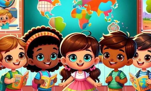 Em um pátio escolar colorido, quatro crianças estão juntas, radiantes de alegria. Clara, uma menina de sete anos com cabelos cacheados castanhos e olhos brilhantes, usa um vestido rosa e desenha um grande mapa-múndi em um quadro. Ela está no centro, sorridente, cercada por seus amigos. Miguel, um menino de sete anos com cabelos curtos e negros e pele morena, usa uma camiseta azul. Ele segura um livro de histórias e olha para Clara com admiração. Yasmin, uma menina de sete anos com cabelos longos e negros trançados e pele caramelo, veste uma saia colorida. Ela dança alegremente ao lado de Tomás, acrescentando movimento à imagem. Tomás, um menino de sete anos com cabelos castanhos e sardas, usa uma camiseta verde. Ele toca música com um pequeno tambor, ao lado de Yasmin. O pátio da escola é decorado com bandeiras de diferentes países, flores coloridas e desenhos de crianças pendurados nas paredes. O céu é azul e ensolarado, criando uma atmosfera alegre e acolhedora. A cena principal mostra as crianças se preparando para uma grande festa para celebrar a diversidade cultural, unindo seus talentos e ideias para criar um espetáculo colorido e harmonioso, simbolizando a amizade e o respeito entre todos os povos.