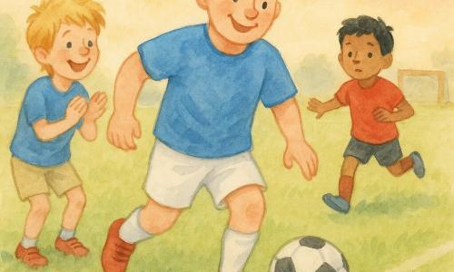 Ein erwachsener Fußballspieler, fröhlich und entschlossen, kurze braune Haare, helle Haut, lächelnd, dribbelt einen schwarz-weißen Ball in dynamischer Haltung, trägt leuchtend blaues Trikot, weiße Shorts und rote Fußballschuhe; ein etwa zehnjähriger Mitspieler mit blonden, zerzausten Haaren steht am Spielfeldrand applaudierend nahe der Linie im gleichen blauen Trikot mit leicht gebeugtem Knie; ein weiterer etwa zehnjähriger Gegner mit schwarzen Haaren rennt konzentriert und etwas im Hintergrund in rotem Trikot, um zu intercepten; großer grüner Platz mit texturierter Rasenoptik, klaren weißen Linien, hölzernem Tor im Hintergrung und pastell-orangefarbenem Spätnachmittagshimmel mit leichten Wolken; freundschaftliche Spielsituation, der Hauptspieler passt den Ball seinem Freund, flüssige, fröhliche Bewegung, warme Fairplay-Atmosphäre bei weichem Licht und zarten Schatten.