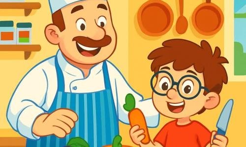 Un chef cocinero, un hombre de unos cuarenta años, con una gran sonrisa cálida y un gorro blanco alto en la cabeza, se encuentra frente a una gran mesa de madera llena de verduras coloridas. Lleva un delantal a rayas y parece alegre y entusiasta, con los ojos brillantes de creatividad. A su lado, un niño de 10 años, Lucas, con el cabello castaño revuelto y gafas redondas, observa con asombro los ingredientes. Sostiene una zanahoria en una mano y un cuchillo de plástico en la otra, listo para ayudar. La escena tiene lugar en una cocina luminosa y acogedora, con paredes pintadas de amarillo y estanterías llenas de tarros de especias coloridas. Ollas brillantes cuelgan sobre ellos, y una ventana deja entrar la luz del sol, iluminando la habitación. En esta situación, Tomás y Lucas están preparando un plato especial para la ciudad, mezclando alegremente las verduras, mientras risas y aromas deliciosos llenan el aire.