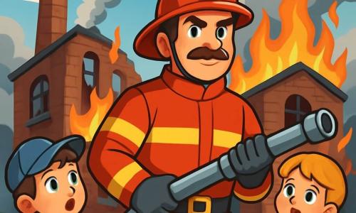 Un pompiere coraggioso, un uomo di circa 35 anni, con una baffi castani e occhi brillanti di determinazione, si trova fermo davanti a una vecchia fabbrica in fiamme. Indossa una tuta rossa vivace, un casco lucido e tiene una grande lancia antincendio, con il viso segnato dalla concentrazione e dal coraggio. Nelle vicinanze, due bambini, un ragazzo di 10 anni di nome Luca con capelli castani e un cappellino blu, e una ragazza di 9 anni di nome Sofia con trecce bionde, guardano con ammirazione. Luca, con gli occhi spalancati, punta il dito verso le fiamme, mentre Sofia, con le mani sui fianchi, mostra un'espressione di curiosità. Il luogo è una vecchia fabbrica abbandonata, con muri di mattoni anneriti dal fumo, finestre rotte e fiamme arancioni che danzano nell'aria. La scena è piena di nuvole di fumo grigio che si alzano verso il cielo blu, creando un contrasto sorprendente. La situazione principale mostra il pompiere che combatte il fuoco con coraggio, mentre i bambini, affascinati, osservano l'azione, testimoniando lo spirito eroico del pompiere.