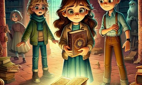 Al centro dell'immagine, una ragazza di 12 anni di nome Aurora, con capelli castani ondulati e occhi brillanti di curiosità, si trova davanti a una vecchia biblioteca polverosa. Il suo viso esprime paura ed eccitazione mentre tiene un libro antico aperto tra le mani, illuminato da una luce misteriosa. Alla sua destra, un ragazzo di 12 anni di nome Luca, con capelli corti e biondi, guarda intorno a sé con un sorriso nervoso, i suoi occhi brillano di avventura. È leggermente in ritardo, come se esitasse ad avvicinarsi alla luce. Dietro di loro, un'altra ragazza, Carla, anch'essa di 12 anni, con capelli ricci e castani, si tiene un po' in disparte, con le braccia incrociate e un'espressione preoccupata, osservando le ombre nella stanza. Il luogo è una biblioteca antica, con muri in mattoni rossi, scaffali pieni di libri polverosi e ragnatele negli angoli. Una luce verde misteriosa emana da un altare di pietra al centro della stanza, proiettando ombre danzanti sui muri. La situazione principale mostra Aurora, affascinata e spaventata, che scopre un libro antico che sembra rivelare segreti dimenticati, mentre i suoi amici, sia curiosi che preoccupati, si tengono al suo fianco, pronti a esplorare l'ignoto.