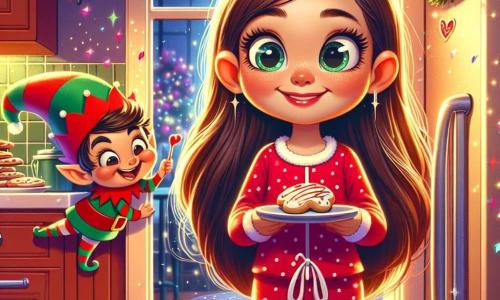 Una niña de 8 años, con largos cabellos castaños y ojos llenos de curiosidad, se encuentra en el centro de la cocina. Lleva un pijama rojo con lunares blancos y una amplia sonrisa en su rostro, mostrando su emoción. A su lado, un duende travieso, Pipo, con un pequeño cuerpo verde y rojo, orejas puntiagudas y una sonrisa pícara, se esconde detrás del refrigerador, riendo suavemente. La cocina es acogedora, decorada con guirnaldas luminosas y adornos navideños, con un gran plato de pasteles de Navidad sobre la mesa. La niña, sosteniendo una galleta decorada, mira al duende con asombro, mientras confetis brillantes flotan a su alrededor, creando una atmósfera mágica y alegre.