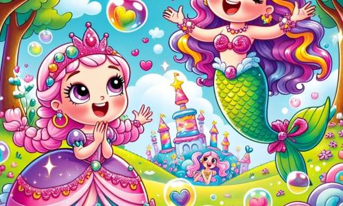 La principessa Ciliegina, una giovane con i capelli rosa intrecciati, sorride con meraviglia, gli occhi scintillanti di gioia. Indossa un vestito di caramelle multicolori che brillano sotto il sole. Accanto a lei, una sirena dalle squame lucenti di tutti i colori, con lunghi capelli ondulati, canta gioiosamente, le braccia alzate verso il cielo. Sembra avere circa 10 anni e fluttua nell'aria, circondata da bolle di sapone. Lo scenario è la Foresta dei Pastrocchi, un luogo magico dove gli alberi hanno tronchi di cioccolato e foglie di zucchero d'orzo. Fiori danzano intorno a loro, con petali a forma di cuore. La scena principale mostra la principessa e la sirena che ridono insieme, mentre bolle di sapone scoppiano attorno a loro, creando un'atmosfera gioiosa e ludica.