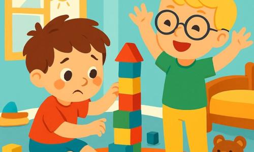 Ci sono 2 personaggi principali: - Luca: un ragazzo di 5 anni, con capelli castani disordinati e occhi brillanti. Indossa una maglietta rossa e pantaloni corti blu. È seduto a terra, circondato da blocchi colorati, con un'espressione concentrata. - Tommi: un ragazzo di 5 anni, con capelli biondi e occhiali rotondi. Indossa una maglietta verde e pantaloni gialli. È accanto a Luca, sorridente e alzando le mani per aiutare a costruire la torre. La scena si svolge in una cameretta luminosa, con pareti dipinte di azzurro chiaro e tappeti colorati. Ci sono giocattoli sparsi per il pavimento e una grande finestra che lascia entrare la luce del sole, creando un'atmosfera gioiosa e accogliente. La situazione principale mostra Luca e Tommi che costruiscono una grande torre di blocchi. Luca, un po' triste dopo che la sua prima torre è caduta, inizia a sorridere vedendo Tommi incoraggiarlo. I blocchi sono di tutti i colori: rosso, giallo, blu e verde, e la torre cresce sempre di più, simboleggiando la loro amicizia e la gioia di giocare insieme.