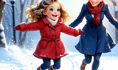 A 3-year-old girl named Lily, with curly golden hair and a big joyful smile, is wearing a bright red coat that contrasts with the white snow. She is jumping in the snow with her arms spread wide, full of enthusiasm and happiness. Next to her, her mother, a woman in her thirties with brown hair in a bun and a blue coat, looks at her tenderly, laughing at her daughter's joy. The scene takes place in a charming winter village with wooden houses topped with snow, twinkling lights in the windows, and a large decorated Christmas tree in the town square. Snowflakes are gently falling from the sky, creating a magical atmosphere. The main situation shows Lily and her mother exploring the winter market, where smiling people sell decorations and treats, children play in the snow, and an old storyteller, Mr. Thompson, shares enchanting tales about the Yule Hare.