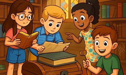 Há 4 crianças: - Helena: uma menina de 11 anos, com longos cabelos castanhos e óculos redondos. Ela usa uma camiseta rosa e um short de jeans, segurando um livro velho com um olhar curioso. - Pedro: um menino de 11 anos, com cabelos curtos e loiros. Ele veste uma camisa xadrez azul e uma calça bege, curvado sobre uma mesa, examinando um jornal antigo com uma expressão concentrada. - Sofia: uma menina de 11 anos, com cabelos cacheados e negros presos em um rabo de cavalo. Ela usa um vestido florido e tênis, de pé, apontando para um grande livro antigo, com os olhos brilhando de excitação. - Miguel: um menino de 11 anos, com cabelos castanhos e sardas. Ele veste uma camiseta verde e um short, agachado, segurando uma chave antiga na mão, com um sorriso triunfante. O local da cena principal é uma biblioteca antiga, com grandes estantes de madeira cheias de livros empoeirados. Raios de luz filtram-se pelas janelas com vitrais coloridos, iluminando cantos escuros e misteriosos. O chão é coberto por tapetes vermelhos, e teias de aranha decoram os cantos das paredes. A situação principal da história mostra os quatro amigos descobrindo um velho baú de madeira no porão da biblioteca, com expressões de surpresa e excitação em seus rostos, cercados por livros antigos e tesouros escondidos, prontos para resolver o mistério do cofre perdido.