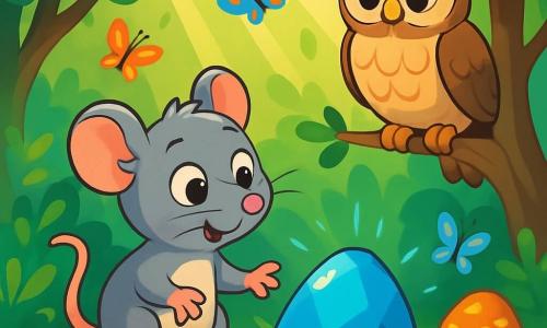 Rufus, um pequeno rato de pelagem cinza suave e olhos brilhantes de curiosidade, está diante de uma pedra azul brilhante, com as patas ligeiramente afastadas e uma expressão de admiração no rosto. Ao lado dele, uma coruja sábia de penas marrons e grandes olhos redondos, empoleirada em um galho, o observa com um olhar encorajador. A cena ocorre em uma floresta encantada, onde raios de sol filtram através da folhagem verdejante, iluminando flores coloridas e cogumelos de formas estranhas. Intrigado, Rufus estende a pata em direção à pedra, pronto para descobrir o segredo que ela guarda, enquanto borboletas multicoloridas dançam ao redor deles, acrescentando um toque de magia à atmosfera.