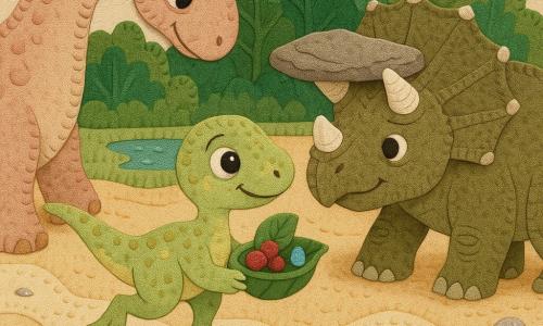 A small velociraptor named Riri, brave and slightly out of breath, with an expressive face, big shiny round eyes and a shy smile, short light-green plumage with pale-yellow spots, thin moving legs, holding a stitched leaf-bowl of berries with a drop of water; a large long-necked sauropod, gentle and kind, beige-pink textured skin with felt-like patterns, leaning left to offer the leaf-bowl with a tender calm gaze; a stocky friendly triceratops on the right, white felt horns and khaki skin, placing a flat stone over Riri's head like an umbrella in a protective pose; setting: edge of a desert with undulating pale-sand fabric dunes and visible stitching, small shiny stones in silver appliqué, a distant felt treeline and a small muddy shiny pond; scene: Riri crosses the desert step by step helped by his dinosaur friends, warm safe atmosphere showing cooperation, soft colors and felt/thread textures, simple readable composition for a 4-year-old.