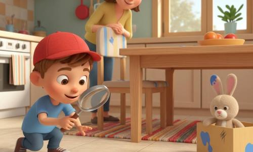 A concentrated, joyful 4-year-old boy named Sammy wears a small red hat and holds a shiny magnifying glass in his right hand, crouched following small blue paint drops on a beige tiled floor; a soft-smiling mother stands behind him near a striped wooden kitchen chair watching gratefully; a small stuffed rabbit with blue paint on one ear peeks partly out of an open toy box, and the chair shows a visible scratch and blue splashes; the blue drops form a zigzag trail toward the toy box; the bright, warm kitchen has a wooden table, a colorful woven rug and a window with soft light; main scene: Sammy the detective follows the blue drops toward the toy box, magnifying glass raised, red hat tilted, ready to solve the mystery; visual style: smooth textures, crisp cel-shading outlines, vivid contrasting colors, readable facial expressions and simple silhouettes suitable for a 4-year-old.
