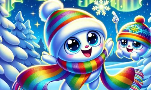 Een hoofdpersonage met een kleurrijke sjaal met regenboogstrepen zweeft vrolijk in de lucht, met uiteinden die als vleugels wervelen en een grote glimlach van opwinding. Naast hem zit een blije muts met sneeuwvlokpatronen op zijn hoofd, met sprankelende ogen van nieuwsgierigheid en geluk, die naar de sterrenhemel wijst. De achtergrond is een besneeuwde open plek, verlicht door het magische licht van het noorderlicht, waar glinsterende sneeuwvlokken zachtjes vallen. De omringende bomen zijn bedekt met een dikke laag sneeuw, en kleurrijke schaduwen dansen op de witte grond, wat een feeërieke sfeer creëert. De situatie toont het hoofdpersonage en zijn vriend die de schoonheid van de winternacht ontdekken, verwonderd door de dansende lichten in de lucht, klaar om samen een magisch avontuur te beleven.