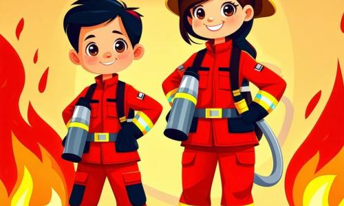 Uma mulher bombeira, a Tenente Sofia, se destaca em primeiro plano, com um olhar determinado e um sorriso caloroso. Ela usa um uniforme vermelho vivo, um capacete amarelo brilhante e botas pretas robustas. Seus cabelos castanhos estão presos em um rabo de cavalo, e ela segura uma mangueira de bombeiro, pronta para combater o fogo. Ao seu lado, um garoto de doze anos, Miguel, com cabelos negros e óculos redondos, a observa com admiração. Ele usa uma camiseta azul e um short, segurando um desenho colorido de um caminhão de bombeiros, com os olhos arregalados de curiosidade. Ao fundo, um edifício residencial em chamas se ergue, com nuvens de fumaça negra saindo das janelas. Vizinhos preocupados observam a cena à distância, com expressões de medo e esperança. A situação principal mostra Sofia salvando um homem idoso que está saindo de um apartamento em chamas, enquanto Miguel observa fascinado, pronto para aprender a se tornar um herói como ela.