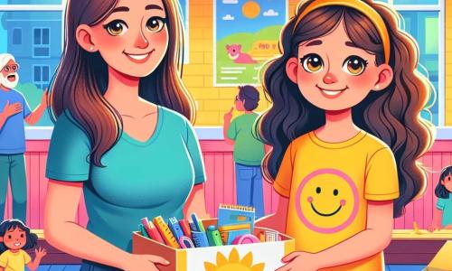 No centro da imagem, uma menina de 10 anos, Mia, está com um grande sorriso no rosto. Ela tem cabelos castanhos e cacheados, vestindo uma camisa amarela com um sol sorridente e um short de jeans. Seus olhos brilham de empolgação enquanto segura uma caixa cheia de materiais escolares, pronta para doá-los. Ao lado dela, sua mãe, uma mulher de cerca de trinta anos, tem cabelos longos e lisos presos em um rabo de cavalo. Ela usa uma camiseta azul e calças confortáveis, sorrindo orgulhosamente ao olhar para a filha. Ela segura outra caixa cheia de brinquedos para doar. Ao fundo, um centro comunitário acolhedor, com paredes pintadas em cores vibrantes, crianças brincando e adultos conversando. A cena mostra Mia e sua mãe entregando as caixas de doações a crianças do centro, que as observam com olhos brilhantes de esperança e gratidão. A atmosfera é alegre e solidária, cheia de sorrisos e amizade.