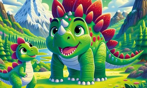 Ein junger Stegosaurus namens Stern, mit glänzenden, bunten Platten auf seinem Rücken, steht mutig im Mittelpunkt des Bildes. Seine Platten funkeln in Rot, Grün und Blau, und sein Gesichtsausdruck zeigt fröhliche Entschlossenheit. Neben ihm schaut seine kleine Schwester Luna, ein Stegosaurus mit funkelnden Augen und breitem Lächeln, bewundernd zu ihm auf. Sie hat grüne Schuppen und kleine rosa Platten, die in der Sonne glänzen. Im Hintergrund sieht man ihren Vater, einen großen Stegosaurus namens Mino, der schützend dasteht, mit stolzer Haltung und frischen Blättern im Maul. Die Szenerie ist ein grünes Tal, umgeben von majestätischen Bergen mit schneebedeckten Gipfeln, mit üppigen Bäumen und bunten Blumen, die im Wind tanzen. Die Hauptsituation zeigt Stern und seine Familie vereint, konfrontiert mit geheimnisvollen Schatten, die sich nähern, was Velociraptoren darstellt. Die Atmosphäre ist sowohl angespannt als auch mutig, mit einem klaren blauen Himmel und flauschigen Wolken, die dieser Abenteuerszene eine sanfte Note verleihen.