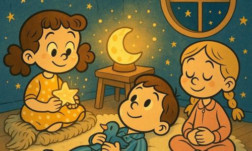 Trei copii într-o cameră nocturnă cosy: o fată de ~6 ani cu păr castaniu buclat prins în coadă, rochie galbenă cu buline albe, șezând în stânga pe o pătură de lână și ținând o lampă- stea; un băiat de ~7 ani cu păr scurt șaten, pijama albastră cu dungi, culcat pe spate în centru cu o jucărie pasăre albastră la piept; o fetiță de ~5 ani cu păr blond în codițe, pijama roz, în dreapta cu picioarele încrucișate ținându-și mâinile pe burtă. Camera are pereți bleu înstelat, un covor crem pufos, o fereastră rotundă spre cer înstelat și o lampă-proiector în formă de lună pe o măsuță deschisă care creează un cocon de lumină aurie; atmosfera e caldă și senină, fețele copiiilor reflectate în lumina moale, cu bule și motive stelate plutind în jur, culori pastel și contraste line.
