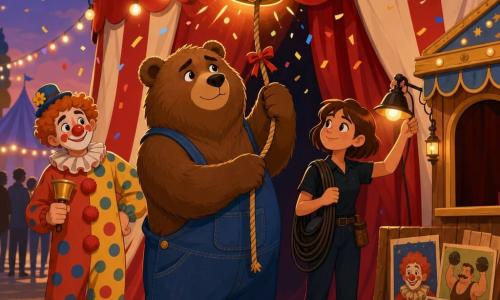 A large anthropomorphic brown bear (realistic-stylized, teddy-like) with a proud, slightly moved expression, round eyes and gentle brows, wearing simple blue overalls, pulls a rope with a small ribbon to ring a golden bell above a red-and-white striped big-top entrance; a young female technician with a coiled cable on her shoulder, short hair and a focused, kind face stands just behind the bear on the right adjusting a small lamp; a mischievous, relieved clown with painted cheeks, a polka-dot costume and a small bell stands slightly back left smiling at the bear; a colorful poster on a wooden crate, string lights, a wooden ticket booth with an open window and blurred spectator silhouettes fill the background; warm pre-show moment with confetti and a golden glow around the bell as the characters exchange a knowing glance and the bell gives a bright ding.