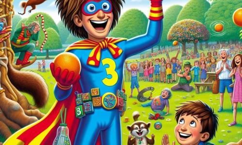 A man, the comedic superhero Bobman, stands at the center of the image, with a big joyful smile and sparkling eyes of excitement. He wears a bright red cape that billows behind him, a blue costume with number patterns, and a belt full of fun gadgets. He is juggling oranges and whoopee cushions, creating a festive and laughter-filled atmosphere. Next to him, a boy named Milo, around 10 years old, watches in awe. He has messy brown hair and wears a colorful t-shirt with a superhero design. He holds a large pretzel in one hand and enthusiastically claps. In the background, a large crowd of people, including children and adults, stands in a lush park filled with majestic trees and vibrant flowers. Laughter and joyful shouts fill the air, while a large squirrel, Nutmeg, climbs a tree, observing the scene with curiosity. The main situation shows Bobman entertaining the crowd with his juggling skills, while Nutmeg the giant squirrel prepares to jump from a branch, adding excitement and whimsy to the event.