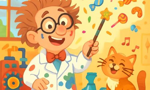 A man, Mr. Wizzle, with messy hair and round glasses, joyfully smiles while holding a whimsical, paint-covered magic wand. He wears a stained DIY apron and looks excited, his eyes sparkling with mischief. Next to him, a silky-haired cat with mischievous eyes happily sings while sitting on a pile of books. The scene takes place in a bright workshop filled with strange gadgets, colorful machines, and splattered paint pots. Sunbeams filter through the window, illuminating walls covered in drawings and inventions. Mr. Wizzle waves his wand, and candies fall from the sky like sweet rain, creating a festive and joyful atmosphere.