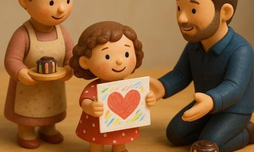 Niña de 4 años de rostro redondo y mejillas sonrosadas, pelo rizado castaño, vestida con vestido rojo de lunares blancos y zapatitos rojos, sonriente y orgullosa sosteniendo un dibujo grande con un corazón rojo y letras multicolores; padre de unos 35 años arrodillado a su derecha, de figura alta y ropa azul marino informal, sonrisa dulce y brazos abiertos para abrazarla; madre de unos 33 años detrás de la mesa a la izquierda, con el pelo recogido y un delantal beige con manchas de harina, trayendo un plato con un pequeño pastel decorado con chocolate y rayas de colores; escena sobre una mesa de madera clara con un diorama de juguetes de madera (lápices de colores, hoja de dibujo, cuenco pequeño de harina, hornito de juguete) y un mantel a cuadros rojos y blancos; la niña entrega su dibujo y poema al papá mientras la madre trae el pastel, ambiente cálido de mañana, colores vivos y gestos afectuosos.