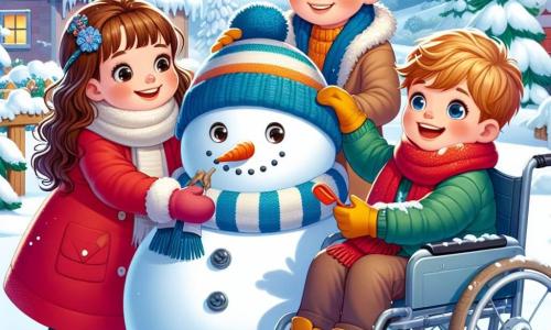 In een betoverend winterlandschap zijn drie kinderen bezig met het maken van een prachtige sneeuwman. Lara, een 8-jarig meisje met lange bruine haren en roze wangen, glimlacht terwijl ze een grote wortel op het gezicht van de sneeuwman plaatst. Ze draagt een felrode jas en een gestreepte sjaal. Naast haar houdt Tim, een 9-jarige jongen met krullend blond haar en een bril, een blauwe sjaal vast die hij om de nek van de sneeuwman gaat doen. Hij is gekleed in een blauwe jas en gele handschoenen. Sam, een 10-jarige jongen in een rolstoel, heeft een grote glimlach en houdt een rode emmer vast die hij als hoed voor de sneeuwman gaat gebruiken. Hij heeft kastanjebruine haren en draagt een groene jas. De achtergrond is een besneeuwd dorp met huizen met met sneeuw bedekte daken, glinsterende bomen onder de winterzon en een stralende blauwe lucht. De kinderen lachen en hebben plezier samen, terwijl ze vrolijke herinneringen creëren in deze magische winterscène.