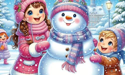 A 9-year-old girl, Mia, with long brown hair and rosy cheeks, wears a bright pink coat and a pom-pom hat. She smiles in wonder, her eyes sparkling with joy, as she builds a large snowman in a snowy park. Next to her, her friend Jack, a 10-year-old boy with blonde hair and round glasses, rolls a big snowball, laughing enthusiastically. A little further away, Lily, a 9-year-old girl with brown hair in braids, adds details to the snowman, placing a carrot for the nose and pebbles for the eyes. The park is a true winter landscape, with trees covered in sparkling snow, flakes gently falling from the light blue sky, and children playing in the background. The main scene shows Mia and her friends united in the joy of creating together, surrounded by the magic of winter, with their snowman coming to life under their hands.