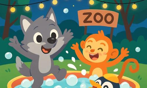 A small gray wolf with big round eyes and a joyful smile is jumping in a bubble pool, its front paws raised enthusiastically. Next to it, a little orange monkey named Squeaky, with a curled tail and sparkling eyes, splashes water while laughing. In the water, a penguin named Pete, wearing a small yellow swim cap, is blowing bubbles with his beak while laughing. The setting is a starry night in a zoo, with lush trees around and twinkling lights illuminating the scene. The pool is filled with white, shiny bubbles floating in the air, creating a magical and joyful atmosphere. The main scene shows the wolf, Squeaky, and Pete having fun together at a bubble party, splashing and laughing, surrounded by floating bubbles and colorful snacks as they celebrate their friendship.