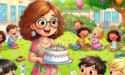 La escena muestra a una maestra, la señorita Clara, una mujer sonriente de unos treinta años, con cabello rizado y castaño y gafas redondas. Lleva un vestido colorido y sostiene un plato de pasteles mientras ríe con sus alumnos. A su lado está Tomás, un niño de 8 años con cabello rubio desordenado y una camisa a rayas, que sostiene una tarjeta con la letra 