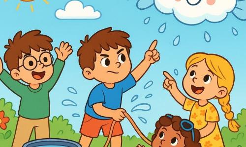 Há 4 crianças: - Tomás: um menino de 7 anos, com cabelos castanhos bagunçados e olhos brilhantes. Ele usa uma camiseta azul e um short vermelho, está no centro segurando uma corda com um olhar determinado. - Lia: uma menina de 6 anos, com longos cabelos loiros trançados e um sorriso radiante. Ela usa um vestido florido e está à direita de Tomás, apontando para o céu. - Nico: um menino de 5 anos, com cabelos castanhos e óculos redondos. Ele usa um suéter verde e uma calça bege, está à esquerda de Tomás, rindo e levantando os braços para o alto. - Mia: uma menina de 6 anos, com cabelos cacheados e óculos de sol na cabeça. Ela usa uma camiseta rosa e um short de jeans, está sentada na barquinha, na frente, fazendo gestos de imaginação. O local é um jardim ensolarado, com uma grande poça de água da chuva que brilha como um espelho. Flores coloridas cercam a poça, e acima, um céu azul claro está salpicado de nuvens brancas e fofas. A situação principal mostra as crianças tentando amarrar sua barquinha azul a uma nuvem em forma de doce, com risadas e respingos de água ao redor, enquanto a nuvem parece se divertir com o jogo deles.