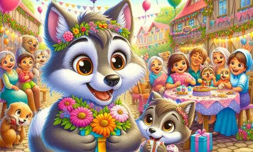 A cheerful little wolf named Leo, with soft gray fur and bright, happy eyes, holds a colorful card in his paws. He smiles widely, full of excitement, in front of a festive backdrop. Next to him, his mother, a brown-furred wolf with warm eyes, looks at Leo tenderly, tears in her eyes, touched by his gesture. She wears a pretty floral apron and holds a bouquet of flowers she just received. The setting is a charming village square, adorned with colorful garlands and floating balloons, with joyful families gathering around a large table decorated with treats. The main scene shows Leo giving his card to his mother, surrounded by laughter and smiles, celebrating Mother's Day in an atmosphere full of joy and love.