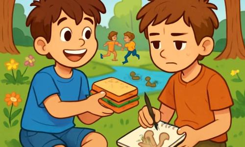 A 10-year-old boy, Max, with tousled brown hair and a bright smile, is sitting on the green grass of the park, holding a sandwich in his hand. He is wearing a blue t-shirt and denim shorts, and his eyes shine with excitement. Next to him, Leo, a 10-year-old boy with chestnut hair and worn clothes, is drawing a squirrel in his notebook, with a focused expression on his face. The park is filled with colorful flowers, majestic trees, and a small pond where ducks swim. The scene shows Max sharing his sandwich with Leo, symbolizing their friendship and joy, while other children play in the background, creating a warm and friendly atmosphere.