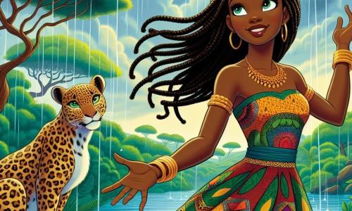 Amara, a young woman in her twenties, stands at the center of the stage, her eyes shining with determination and courage. She has warm brown skin, braided black hair falling over her shoulders, and wears a colorful dress adorned with vibrant African patterns. She dances gracefully under a nourishing rain, her arms raised to the sky, her face illuminated by a radiant smile. Beside her, a majestic leopard with golden fur dotted with black spots observes the scene curiously, perched on a rock as if watching over Amara while respecting her space. In the background, the lush Wazimu forest stretches as far as the eye can see, with towering trees and vibrant flowers adding a touch of magic to the environment. The sky is filled with gray clouds, but rays of sunshine break through, illuminating Amara's dance and creating an atmosphere of renewal. The main scene shows Amara in a moment of connection with nature, dancing in the rain to invoke the blessing of Ngala, the rain goddess, as the drops fall around her, symbolizing hope and rebirth for her village.